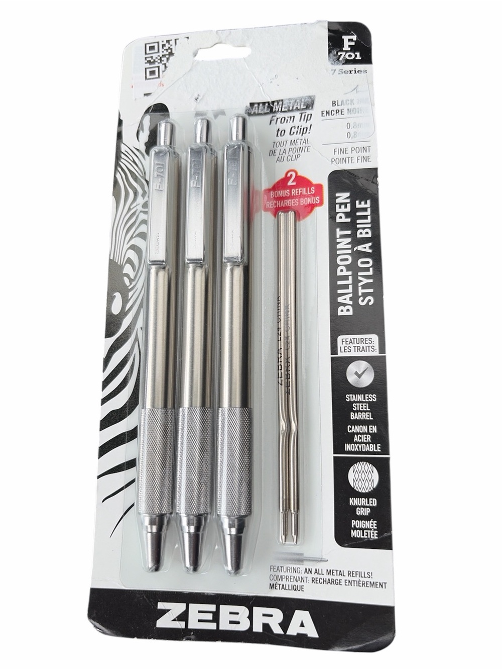 Zebra Stainless Steel Ballpoint Pens - 3 Pack with 2 refills